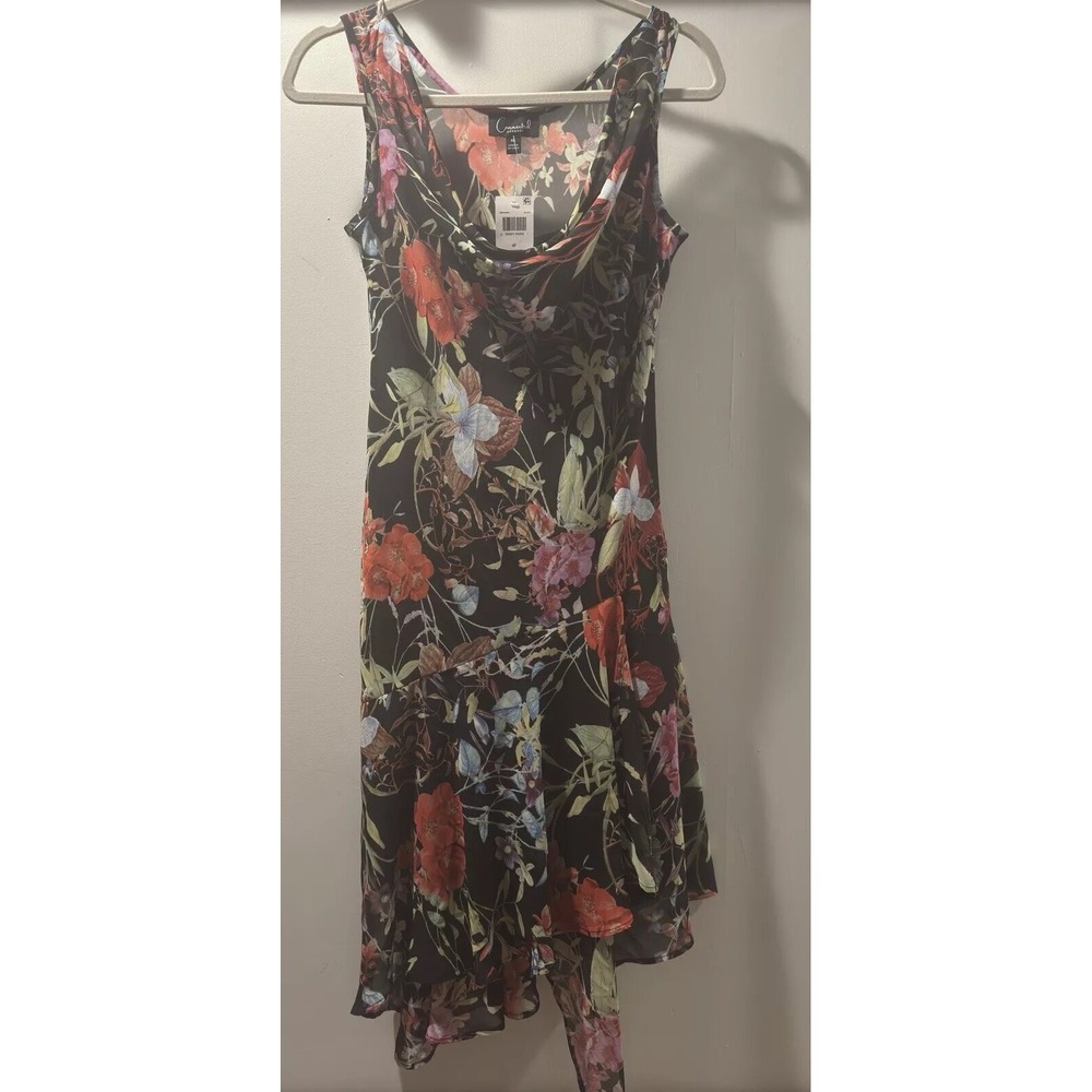 Connected Apparel MIDI Dress Sleeveless Tiered Black Floral 4 P Waterfall Hem